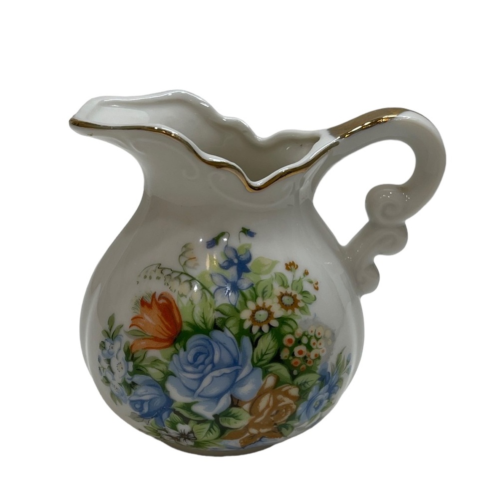 VINTAGE Small Porcelain Pitcher Painted Blue Orange Flowers Gold Scalloped Rim